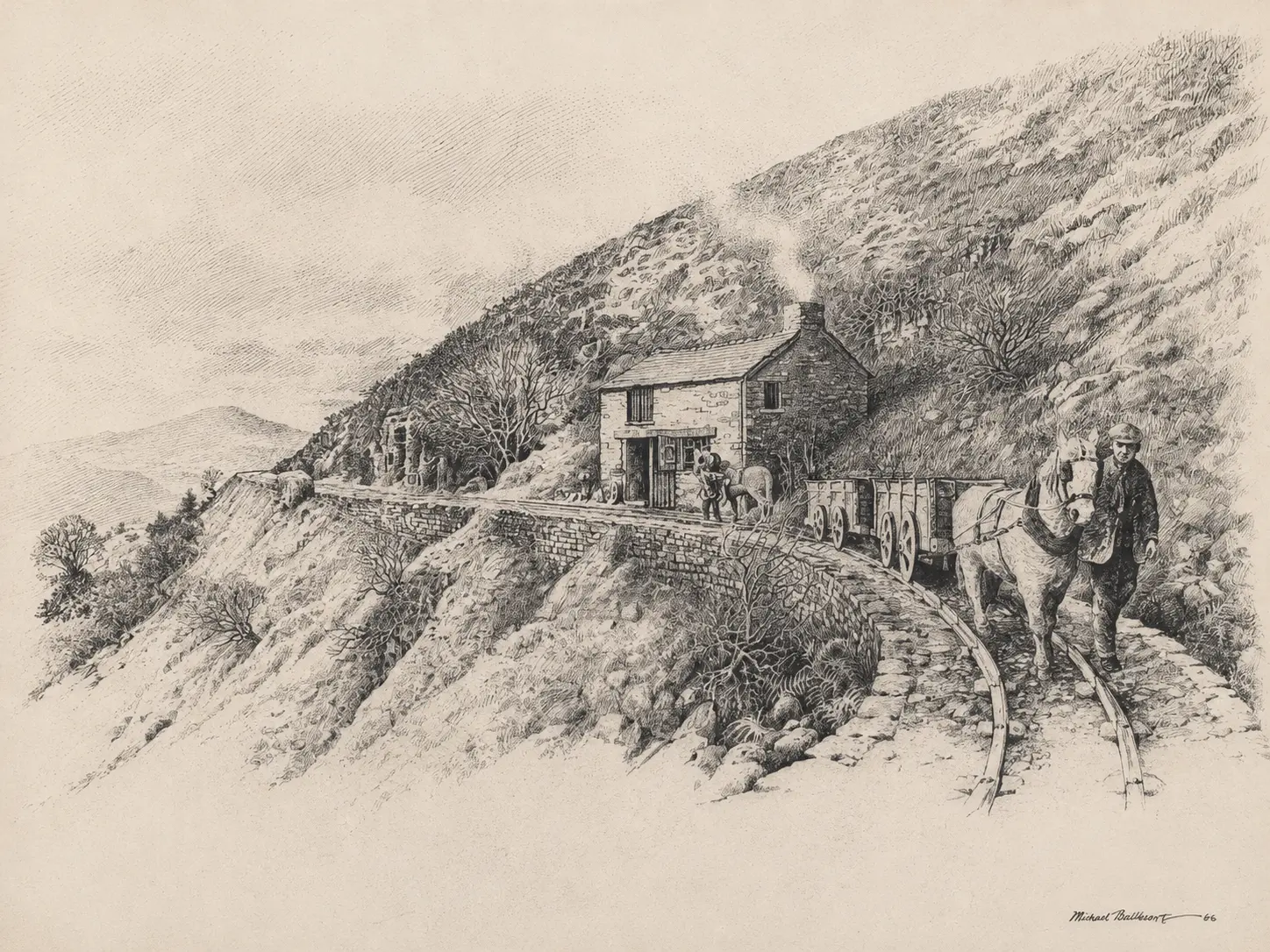 Historic drawing of a house and horse-drawn tramway in the Welsh hills