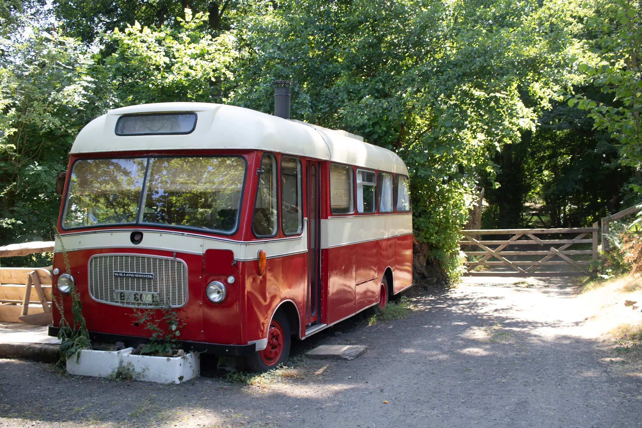 Willowbrook converted 1970s bus in the woods at Cwm Sticky Dingle