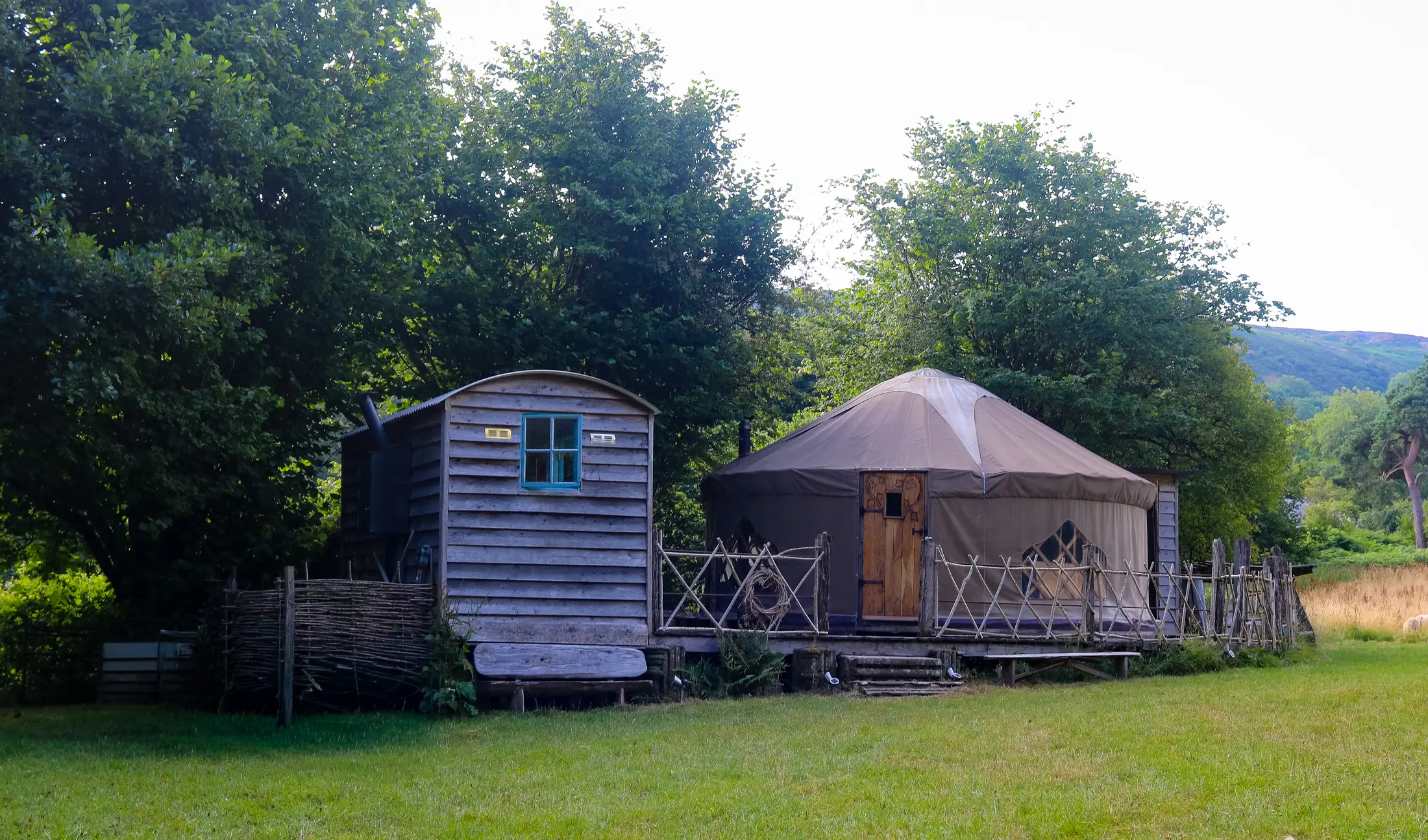 Canvas yurt and private shepherd's hut in a meadow near Abergavenny
